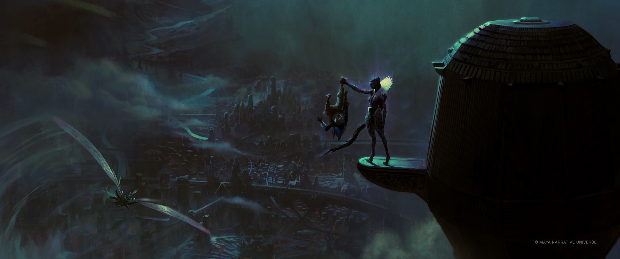 A Divya holds a figure over the city of Neh