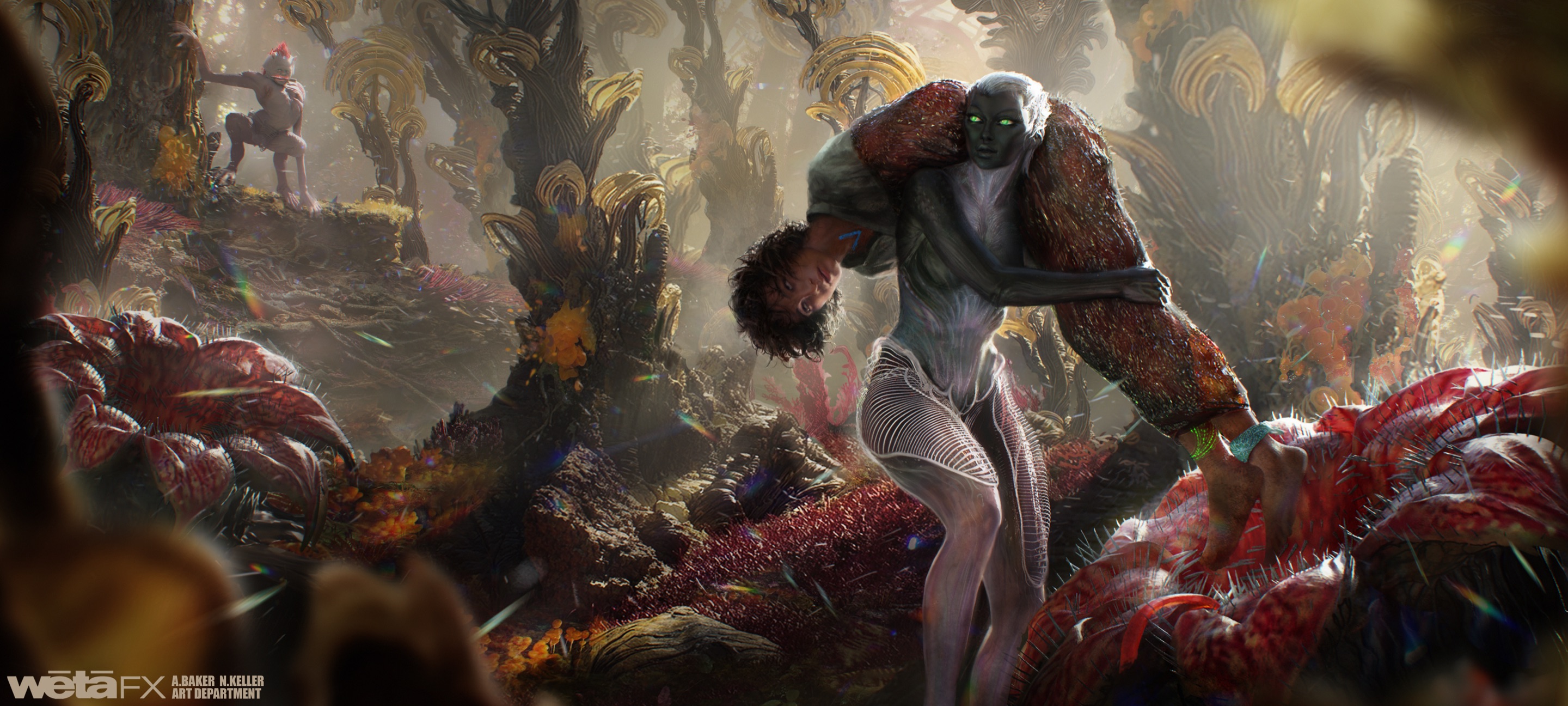 A silver-skinned predator carries Yachay through the bioluminescent forest of Neh